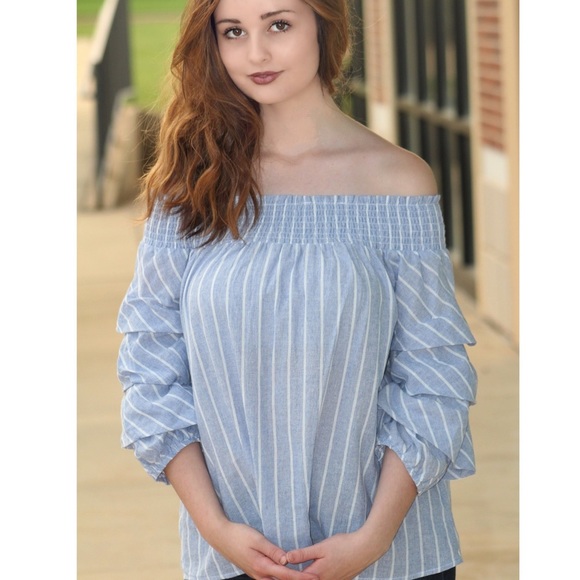 **NWT She and Sky Bow Front Detail Puff Sleeve Stripe Off the Shoulder Shirt - Picture 4 of 9